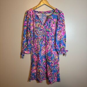 Lilly Pulitzer Cath Dress Printed Notch Neck Beach Tie Cuff 3/4 Sleeve Medium